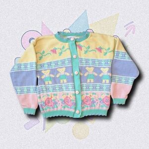 Vintage Hartstrings Knit Cardigan | Pastel Bear, Rose & Vine Motif Sweater |